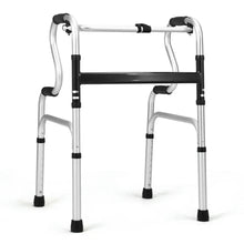 Folding medical walker frame with black hand grips and padded arm supports, silver aluminum.