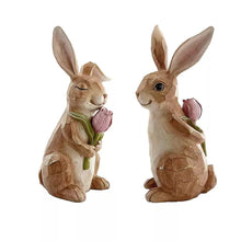 Resin bunny figurines set of 2, side views with pink tulip flowers