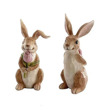 Resin bunny figurines set of 2, front views holding pink tulip and green leaves