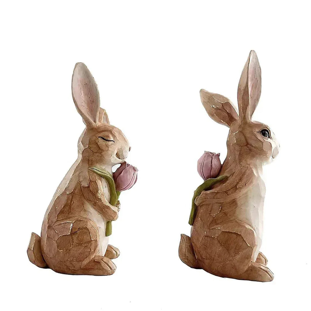 Resin Bunny With Flower Decor 2 pk. - USA MEGA SHOP