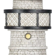 Resin solar lighthouse midsection with black lantern mesh, circular solar panel, and white brick wall