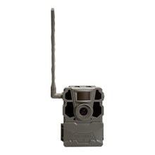 Cellular trail camera with external antenna, gray rugged body and front lens window