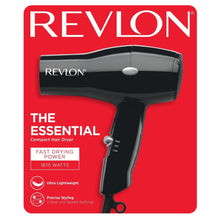 Black compact hair dryer in retail packaging showing nozzle and handle