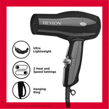 Black lightweight hair dryer with 2 heat and speed settings and hanging ring