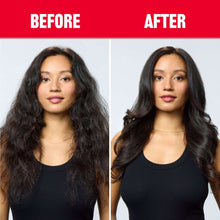 Revlon hair dryer brush before-and-after styling on woman with fuller, smoother hair