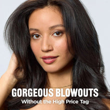 Revlon hair dryer brush styling result with glossy, voluminous dark hair