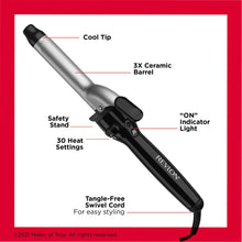 Triple ceramic curling iron with cool tip, safety stand, and ON indicator light.
