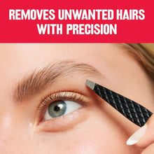 Slanted stainless steel tweezer near eye, pinching fine brow hair