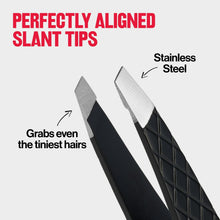 Slant tweezers showing aligned stainless steel tips