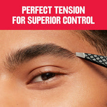 Slanted stainless steel tweezer gripping brow hair near the eye