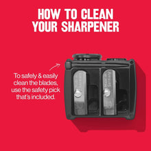 Revlon black universal points sharpener showing blade compartments and safety pick