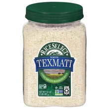 RiceSelect Texmati white rice jar with green lid and visible long-grain rice