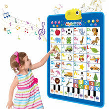 Interactive alphabet wall chart with animals and numbers 1–10 on blue board