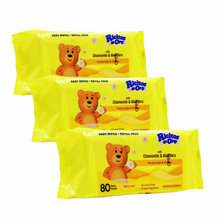Baby wipes refill pack, yellow pouch with teddy bear and Chamomile & Aloe Vera label
