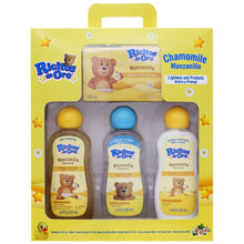 Baby chamomile care kit gift set with four bottles and soap bar in yellow box