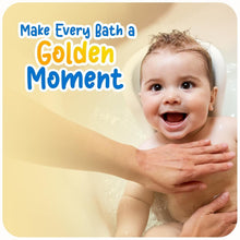 Baby bath care kit scene with smiling toddler in water and soap bubbles