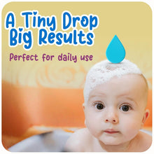 Baby bath care kit with foam on head and blue drop icon for daily use