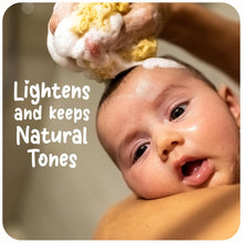 Baby bath care kit close-up: toddler face with foam bubbles on cheeks