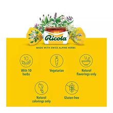 Ricola cough drop box with 10 herbs, vegetarian, gluten-free, and natural flavor icons