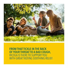 Ricola cough drop box with yellow promotional text strip and product branding