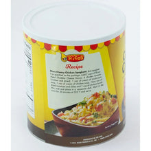 Ricos condensed cheddar cheese sauce can with recipe label on side.