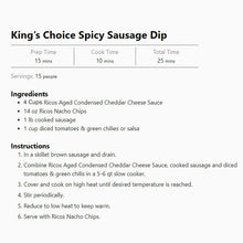 Recipe card for spicy sausage dip with ingredients and step instructions.