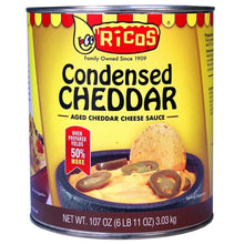 Cheddar cheese sauce can with Ricos condensed cheddar label, 107 oz.