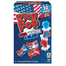 Ring Pop 32-count candy variety pack box, red white and blue