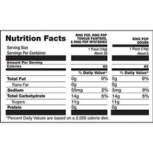 Nutrition facts panel for Ring Pop candy, showing serving size and calories