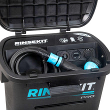Portable shower unit with open lid, coiled hose, and control panel