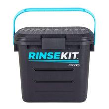 Portable shower container with blue carry handle, dark body, and front latch