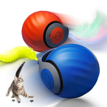 Blue and orange interactive cat toy ball with soft brush tail, rechargeable