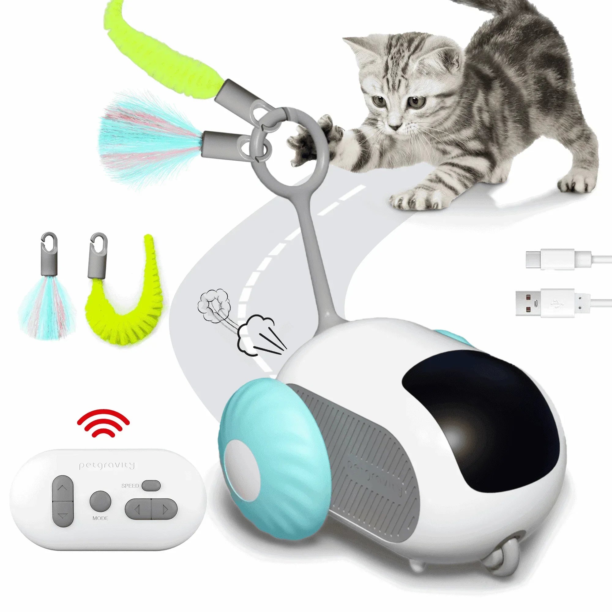 Risehigh Interactive Cat Toys for Indoor Cats 2-Speed Automatic Moving Remote Control Smart Cat Rechargeable Toy with Feathers, Blue