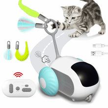 Blue automatic cat toy roller with feather wand, teal wheel, and wireless remote