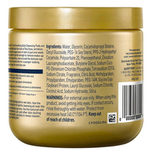 Gold cleansing pads jar with back label details and ingredient list