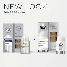 Retinol serum stick with silver base and white cap, shown alongside product packaging