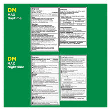 Robitussin Day & Night cough DM drug facts panel with directions and warnings