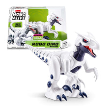 Electronic robotic raptor dinosaur toy, white with blue spots, red mouth
