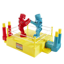 Kids fighting robot game set with red and blue robots on a yellow arena board