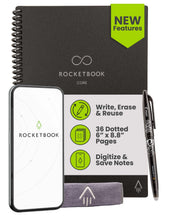 Dotted reusable smart notebook with spiral binding, included stylus, and dark cover