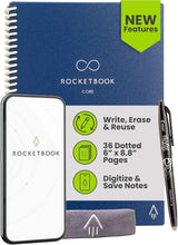 Dotted reusable smart notebook with spiral binding, pen, and cleaning cloth, navy cover