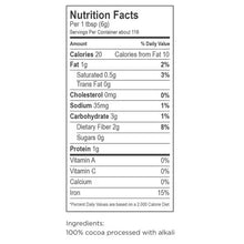 Rodelle cocoa powder nutrition facts panel with calories and ingredients listing
