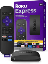 Roku HD streaming device with black remote and purple retail box