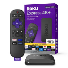 Roku Express 4K+ streaming player with black voice remote and TV control buttons