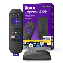 Roku Express 4K+ streaming player kit with voice remote, black player and box