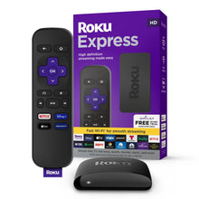 Roku streaming device set with black remote, compact media player, and purple box