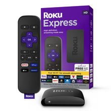 Roku Express streaming device with black remote and product box