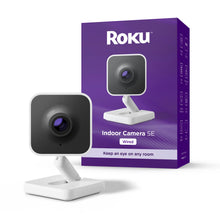 Indoor security camera with white stand and dark lens housing, wired indoor model