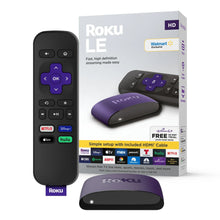 Streaming media player package with black remote, purple player, and HDMI cable