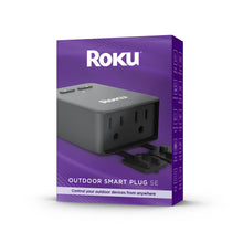 Outdoor smart plug box with Roku logo, two outlets, and scheduling feature icons